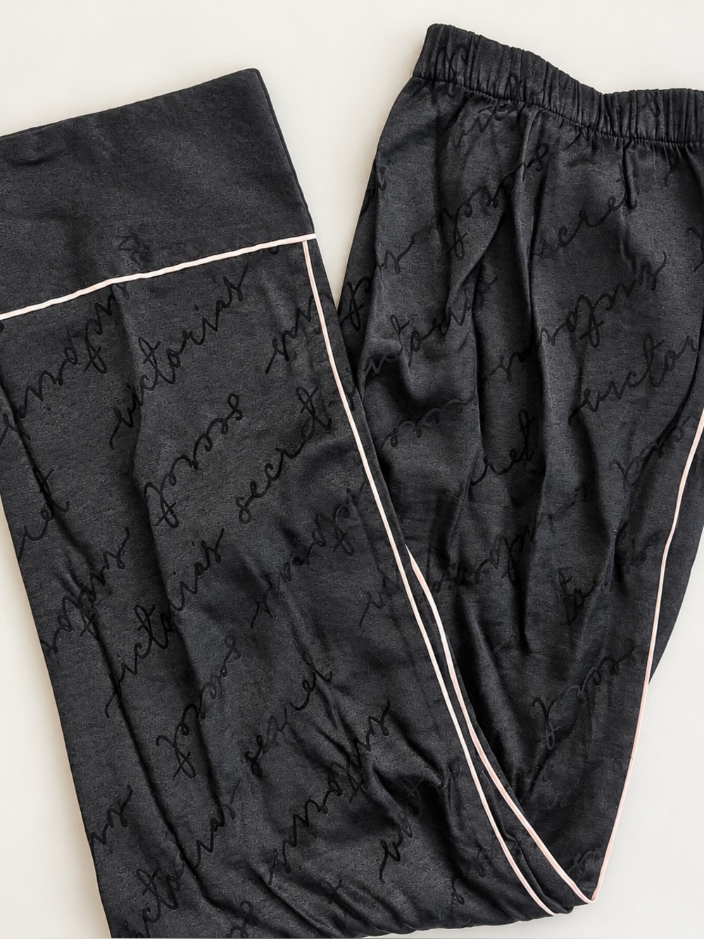 Victoria’s Secret Black Satin Logo Pajama Pants Pink Piping Size S